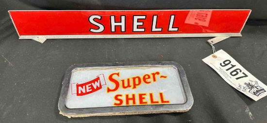 SHELL ACRYLIC SIGN - 4" x 26" & NEW SUPER SHELL AD GLASS - 11.25" x 5.25"