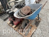 PALLET w/ AIR COMPRESSOR & WHEELBARROW, ETC (WF)