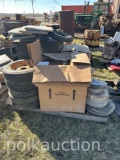 PALLET OF MISC. SHOP SUPPLIES & (5) 4.80-12 TIRES/RIMS (CF)