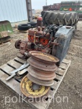 PALLET WITH IH GAS MOTOR, (4) RIMS, ETC. (CF)