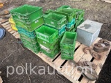 PALLET OF PLASTIC JOHN DEERE PARTS BINS, ETC. (CF)