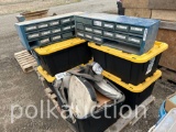 PALLET OF MISC. TRACTOR PARTS, BINS, BOOKS, ETC. (CF)