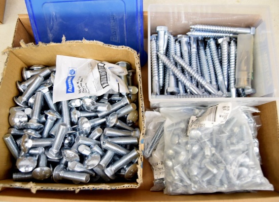 BOX OF ASSORTED CARRIAGE BOLTS & HEX LAG SCREWS