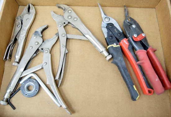3 VISE GRIPS AND 2 TIN SNIPS