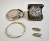 SILVER VANITY ITEMS, JEWELRY, AND CLOCK