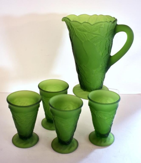 TIARA GREEN SATIN GLASS "PEAR" PITCHER & GLASSES