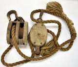 TWO PRIMITIVE PULLEYS WITH ROPE & HOOKS