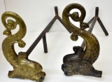 PAIR OF BRASS DOLPHIN ANDIRONS