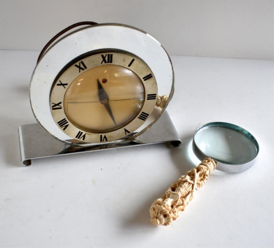 ART DECO CLOCK & VINTAGE MAGNIFYING GLASS