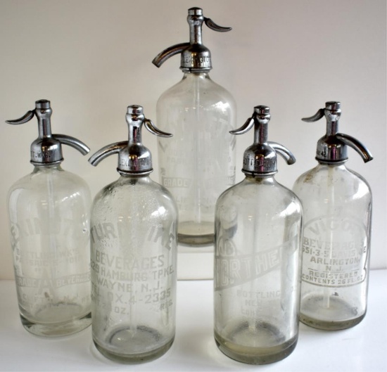 FIVE ANTIQUE SELTZER BOTTLES