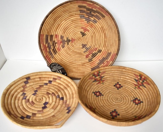 THREE ANTIQUE ESKIMO WOVEN TRAYS