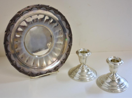 STERLING SILVER CANDLESTICKS & PLATE