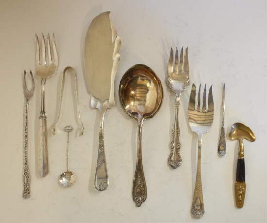 ASSORTED SILVER SERVING UTENSILS & MORE