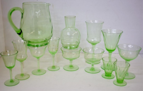 GREEN DEPRESSION ERA "DIAMOND QUILTED" GLASSWARE