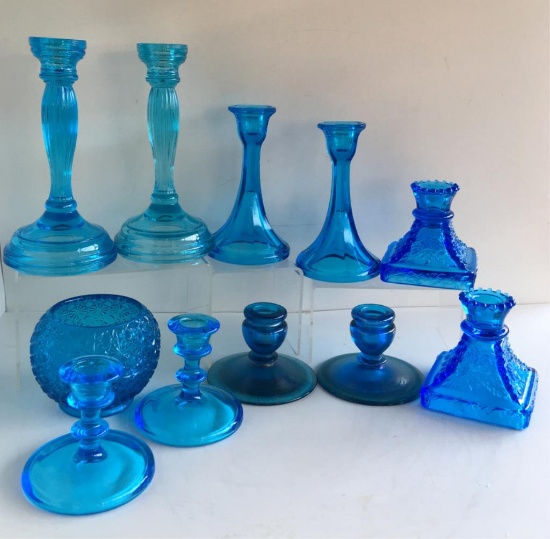 ASSORTED BLUE GLASS CANDLESTICKS & MORE