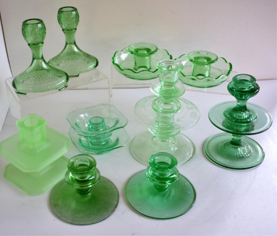 GREEN DEPRESSION GLASS CANDLES HOLDERS