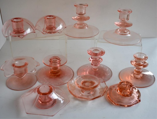 ASSORTED PINK DEPRESSION GLASS CANDLE HOLDERS