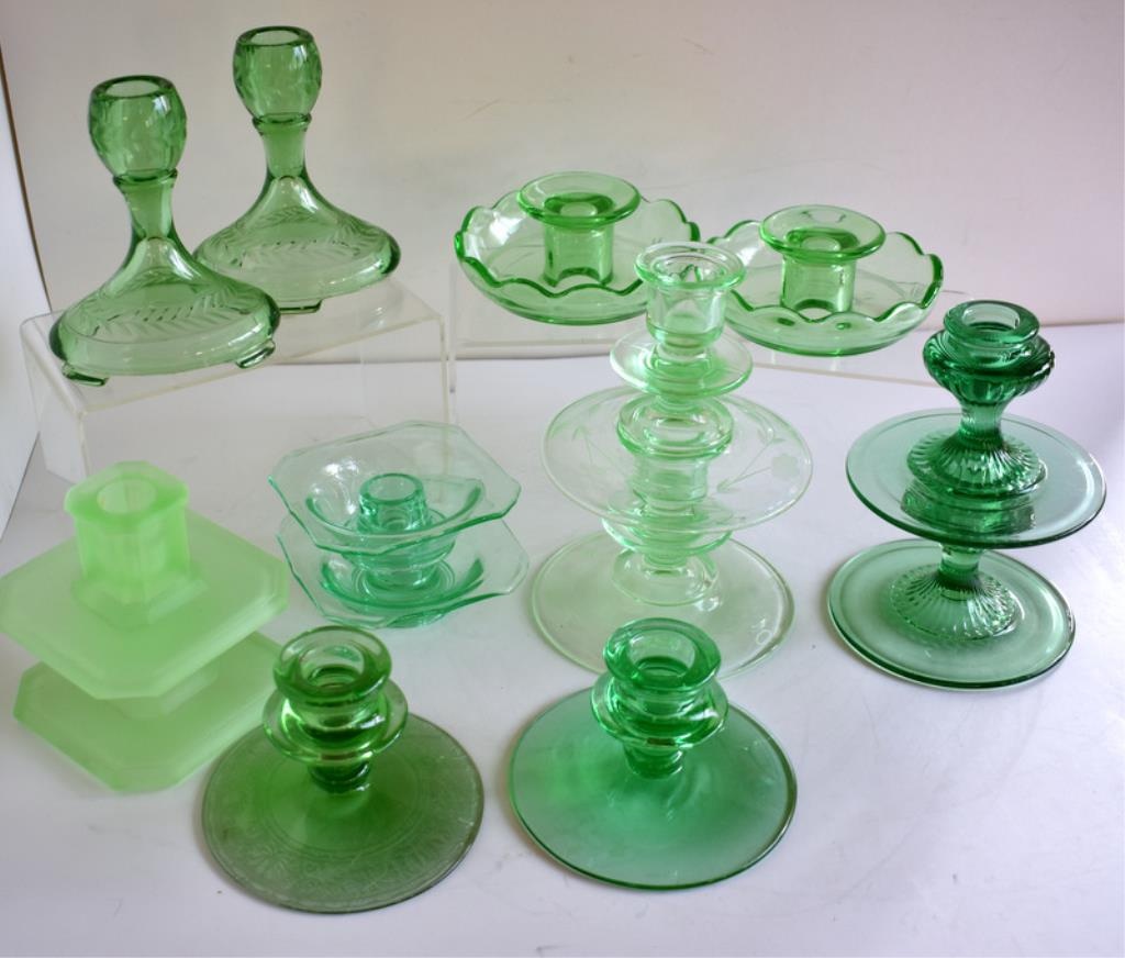 GREEN DEPRESSION GLASS CANDLES HOLDERS | Art, Antiques & Collectibles  Collectibles Decorative Collectibles Collectible Candles & Holders | Online  Auctions | Proxibid
