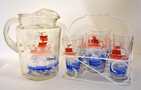 VINTAGE NAUTICAL THEMED PITCHER & GLASSES