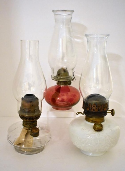 THREE ANTIQUE KEROSENE LAMPS