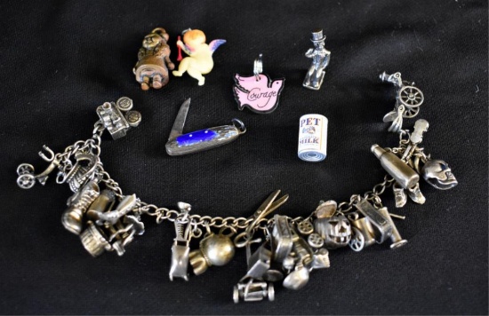 ANTIQUE STERLING SILVER CHARM BRACELET & CHARMS