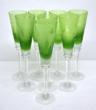 SET OF EIGHT GREEN FROSTED CHAMPAGNE GLASSES