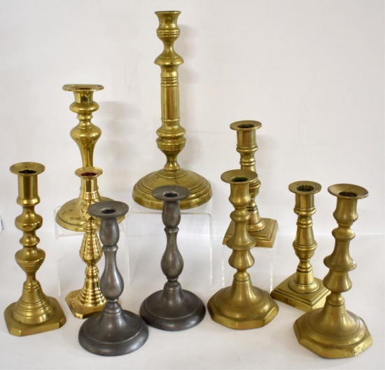 ANTIQUE BRASS & PEWTER CANDLESTICKS