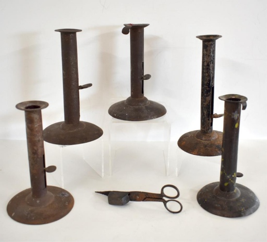 PRIMITIVE TIN CANDLE HOLDERS & WICK TRIMMER