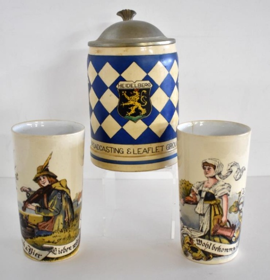 MILITARY STEIN & PAIR OF BEER TUMBLERS