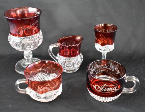 FIVE PIECES OF RUBY FLASHED GLASSWARE