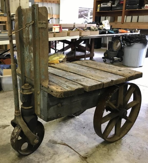 ANTIQUE SHOP CART WITH THREE METAL WHEELS