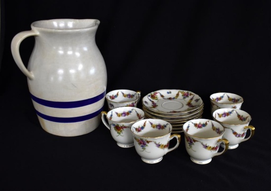 CUPS, SAUCERS AND POTTERY WATER PITCHER