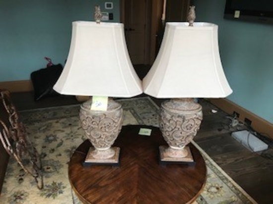 BROWN LAMP SET W/ WHITE SHADES