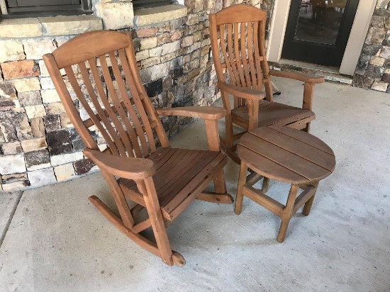 PAIR OF WOODEN ROCKERS AND MATCHING TABLE