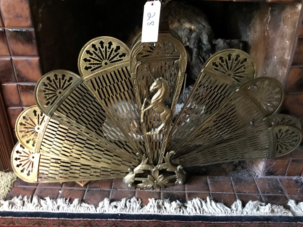 1 Unicorn Fan Fireplace Screen Brass 2 Peacock Statues Brass