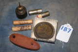 187. Winchester Metal Coaster, Gun Butt Pad, BB’s, Hoover Oil Can & Match Holder