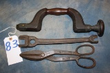 83. Lot of 3 Shapleigh‘s Tin Snips w/ Win Bell System Wrench Wooden Boring Brace (X3)