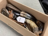 Box of Powder Flasks & Horns