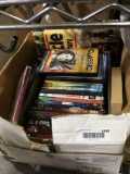 Small box of assorted DVDS, books and shadow boxes