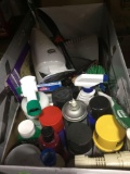 Box of Assorted/Various Cleaners, Polishes, Toilet Scrubbers, Garden Tools Etc.