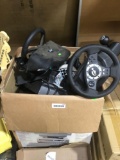 Box of Various PC Controllers, Guitar Hero Drum Parts Etc.