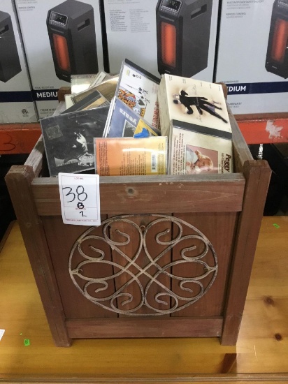 Wood Crate of Assorted CDs and Wooden CD Rack Organizer