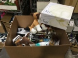 Box of Misc., Assorted Items. Dishes, Stuffed Animals, Stopwatch, Flash Lights Etc.