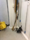 Lot of Assortd Cleaning Tools, Brooms, Dust Pan, Scrubber Etc.