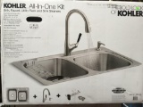 Kohler All in One stainless steel sink, faucet, utility rack and sink strainers kit