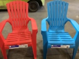 (9) Blue and red childrens Adirondack plastic stacking chairs