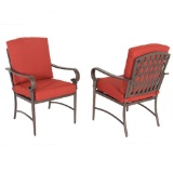 (2) Hampton Bay Oak Cliff Stationary Metal Outdoor Dining Chairs with Chili Cushions