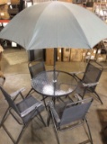 (6) Piece Grey Patio Set, (4) Chairs, (1) Glass Table, (1) Umbrella