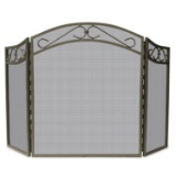 Bronze Wrought Iron 3-Panel Fireplace Screen with Decorative Scroll