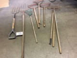 Lot of (9)Tools (2) Pitchforks (3) Manual Weedwhacker?s And (4) Rakes